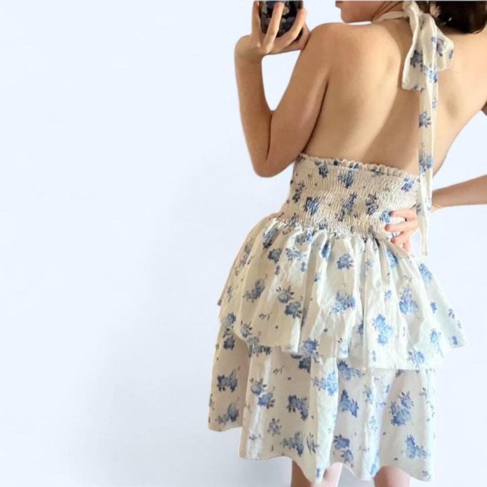 🦋 Floral Backless Halter Neck Ribbon Ruffle Dress 🦋 - Picture 3 of 3